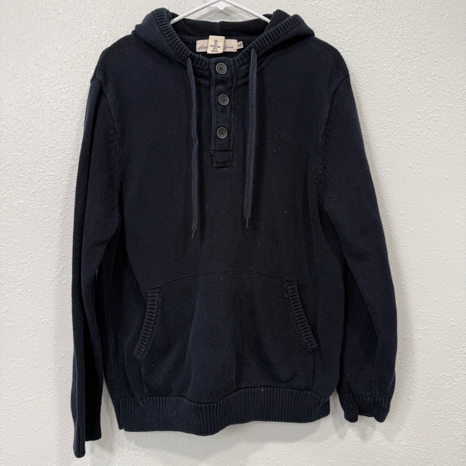 Logg H M Mens Navy Blue Knit Hoodie Pullover Button Neck Pouch Pocket Size L